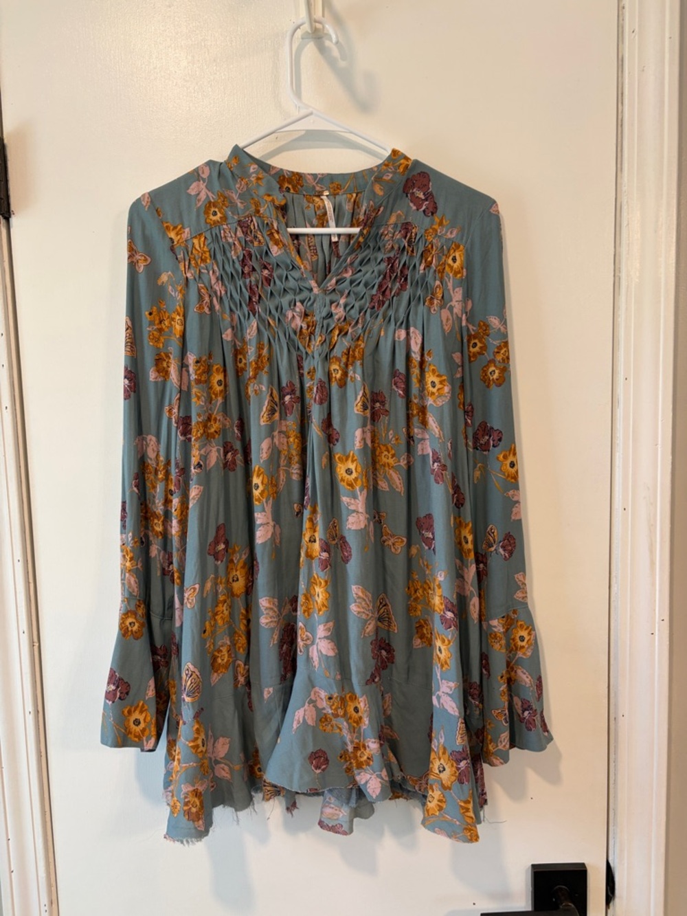 Free People Sage Green Floral Smocked Yoke Tunic with Yellow & Mauve Flowers